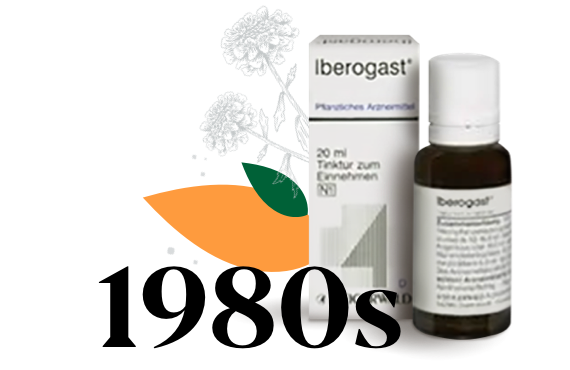 Date 1980s surrounded by leaves, grayish bottle of Iberogast with its matching packaging next to it.