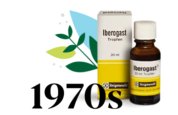 Date 1970s surrounded by leaves, bottle of Iberogast with yellow label and its matching packaging next to it.