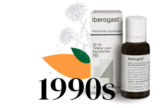 Date 1980s surrounded by leaves, grayish bottle of Iberogast with its matching packaging next to it.