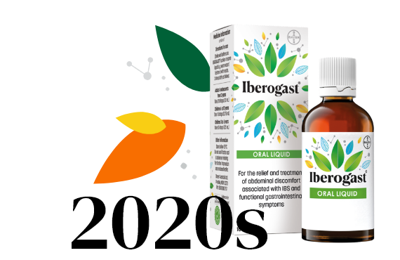 Date 2020s surrounded by leaves, current white and green bottle of Iberogast with its matching packaging next to it.