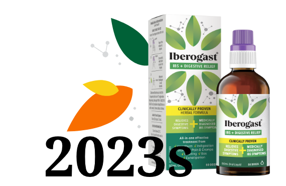 Date 2020s surrounded by leaves, current white and green bottle of Iberogast with its matching packaging next to it.